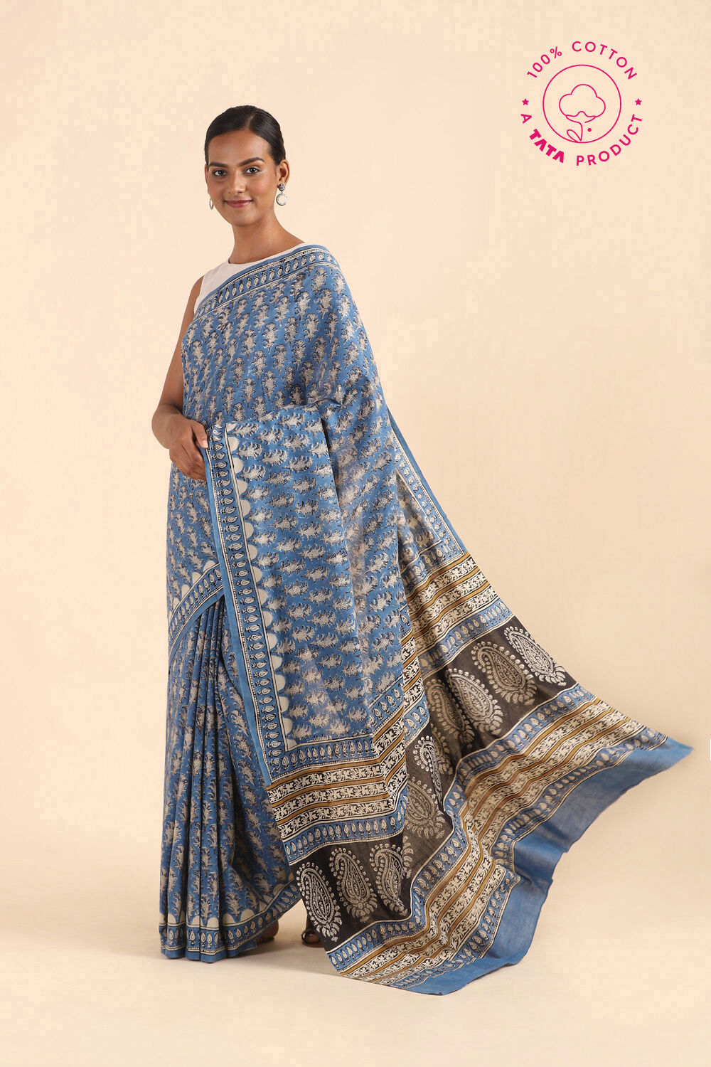 Blue Pure Cotton Bagru Printed Saree image number null