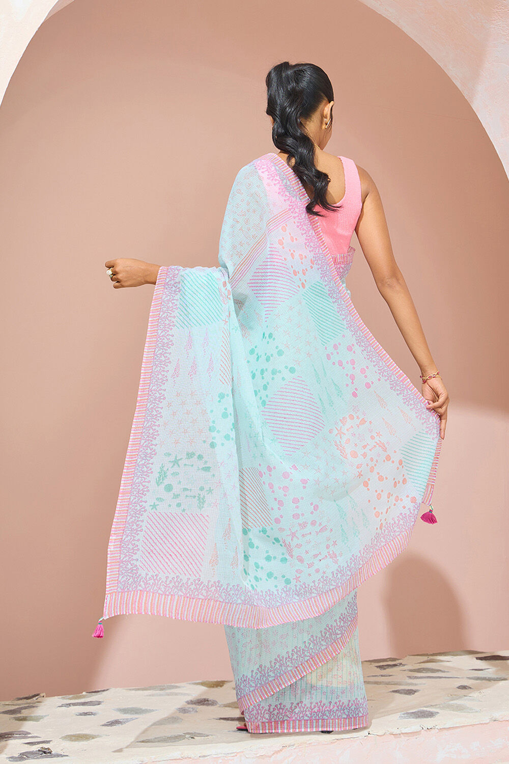 Light Blue Bengal Block Printed Pure Cotton Kota Saree image number null