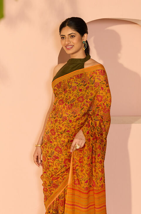 Orange Screen Printed Viscose Crepe Saree