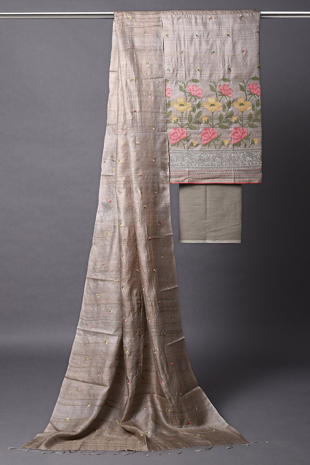 Grey Tussar Embroidered Unstitched Suit Set image number null