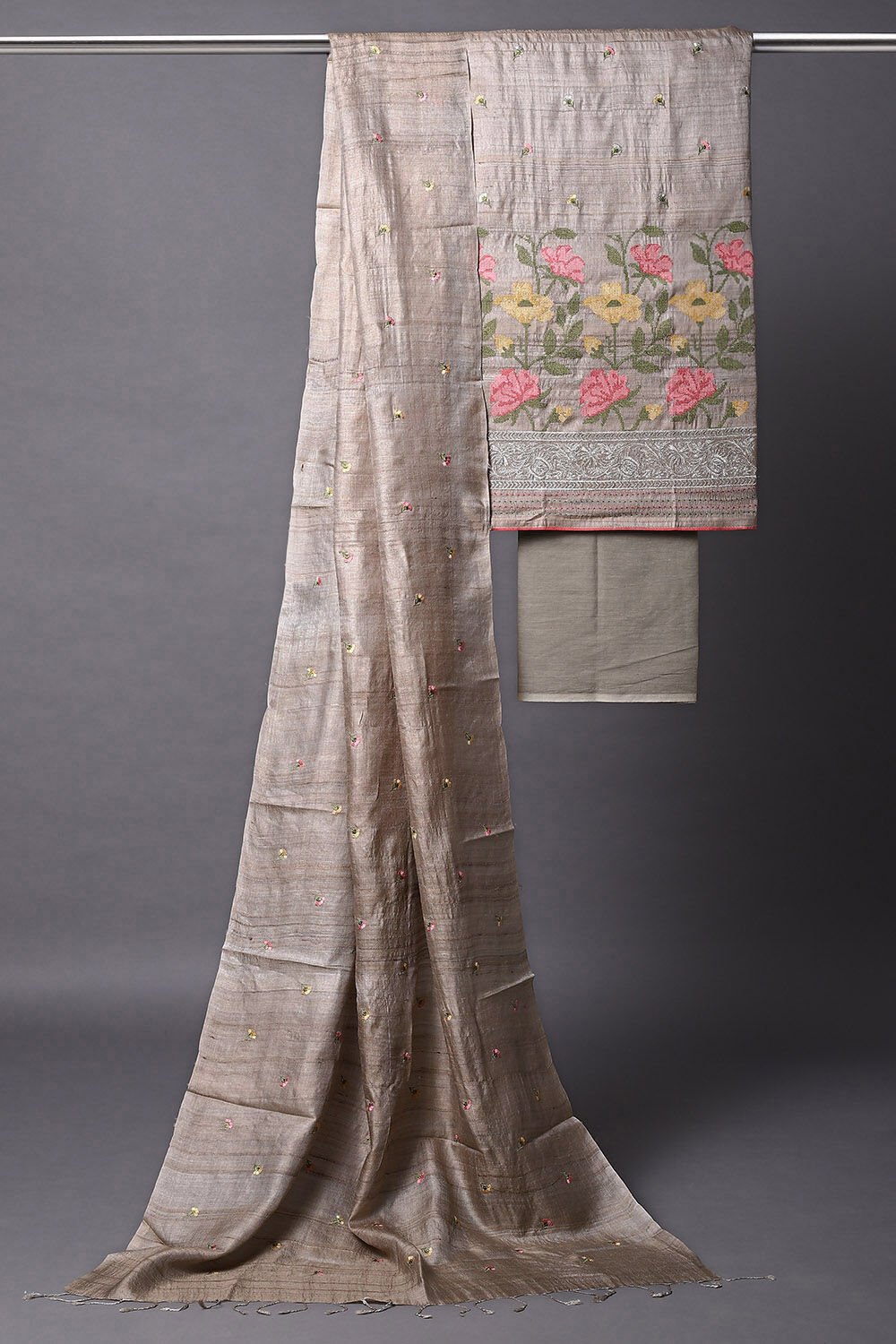 Grey Tussar Embroidered Unstitched Suit Set image number null