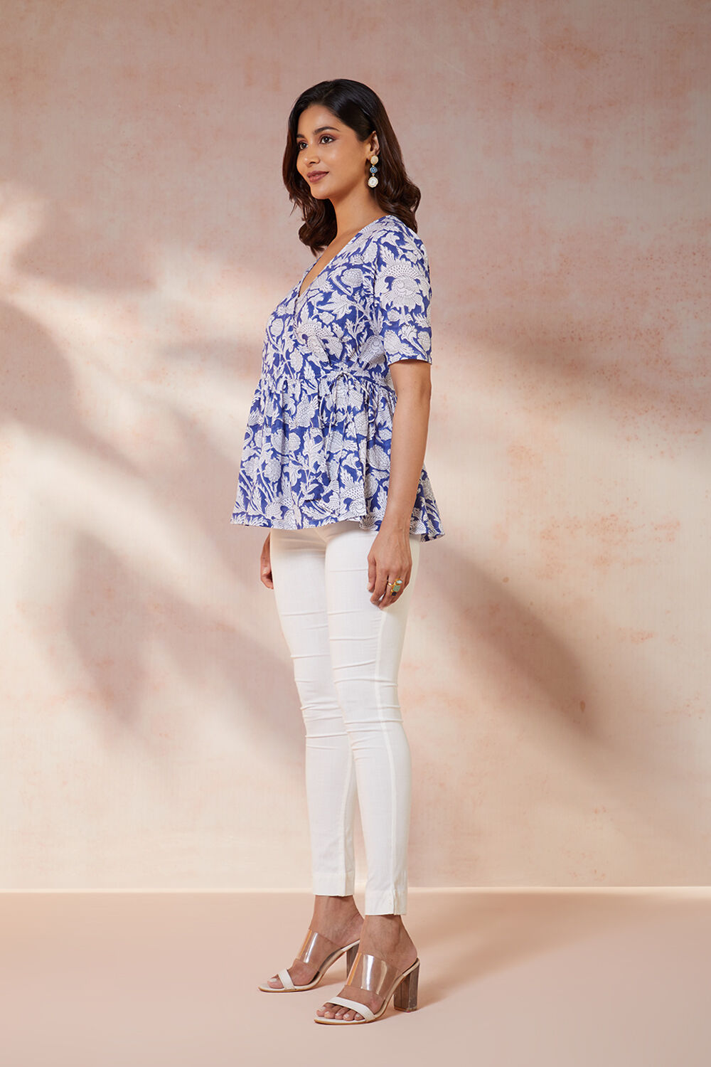 Blue Pure Cotton Printed Sanganeri Short Top image number null