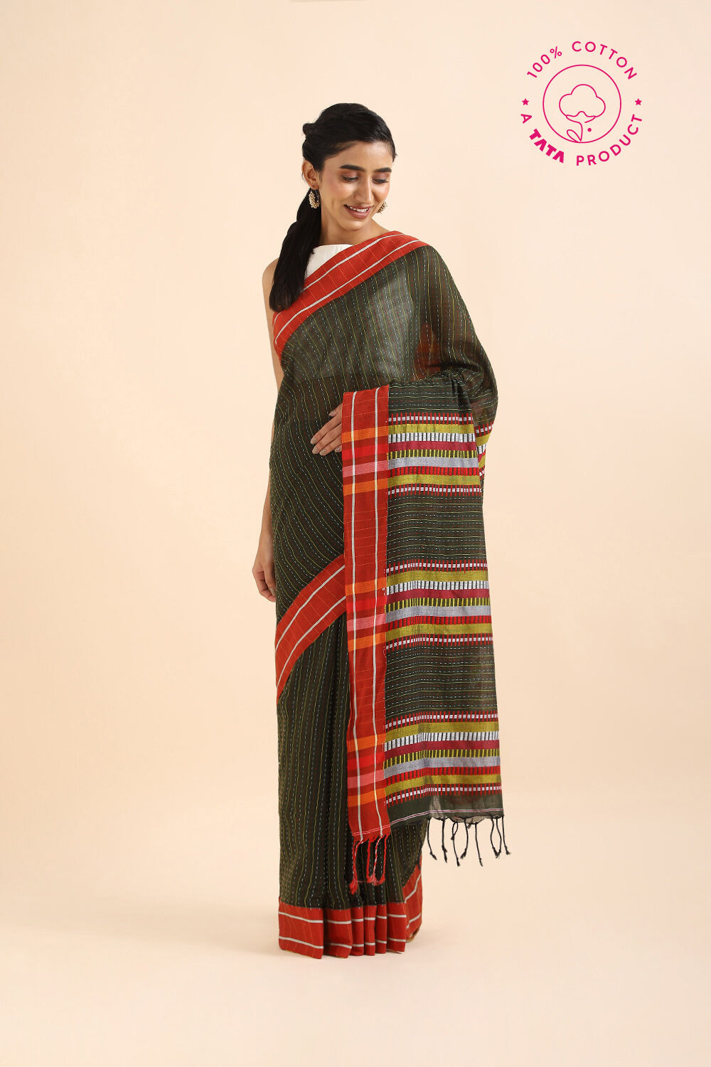 Dark Green Pure Cotton Bengal Saree image number null