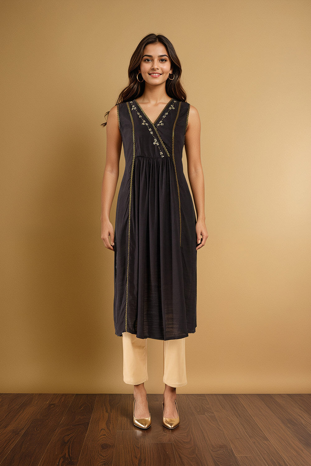 Black Embroidered Viscose Kurta image number null