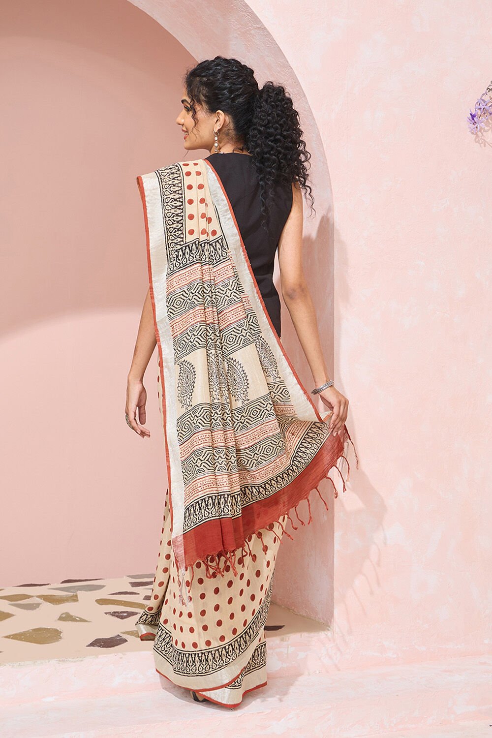 Light Orange Rajasthan Bagru Block Printed Viscose Cotton Saree image number null