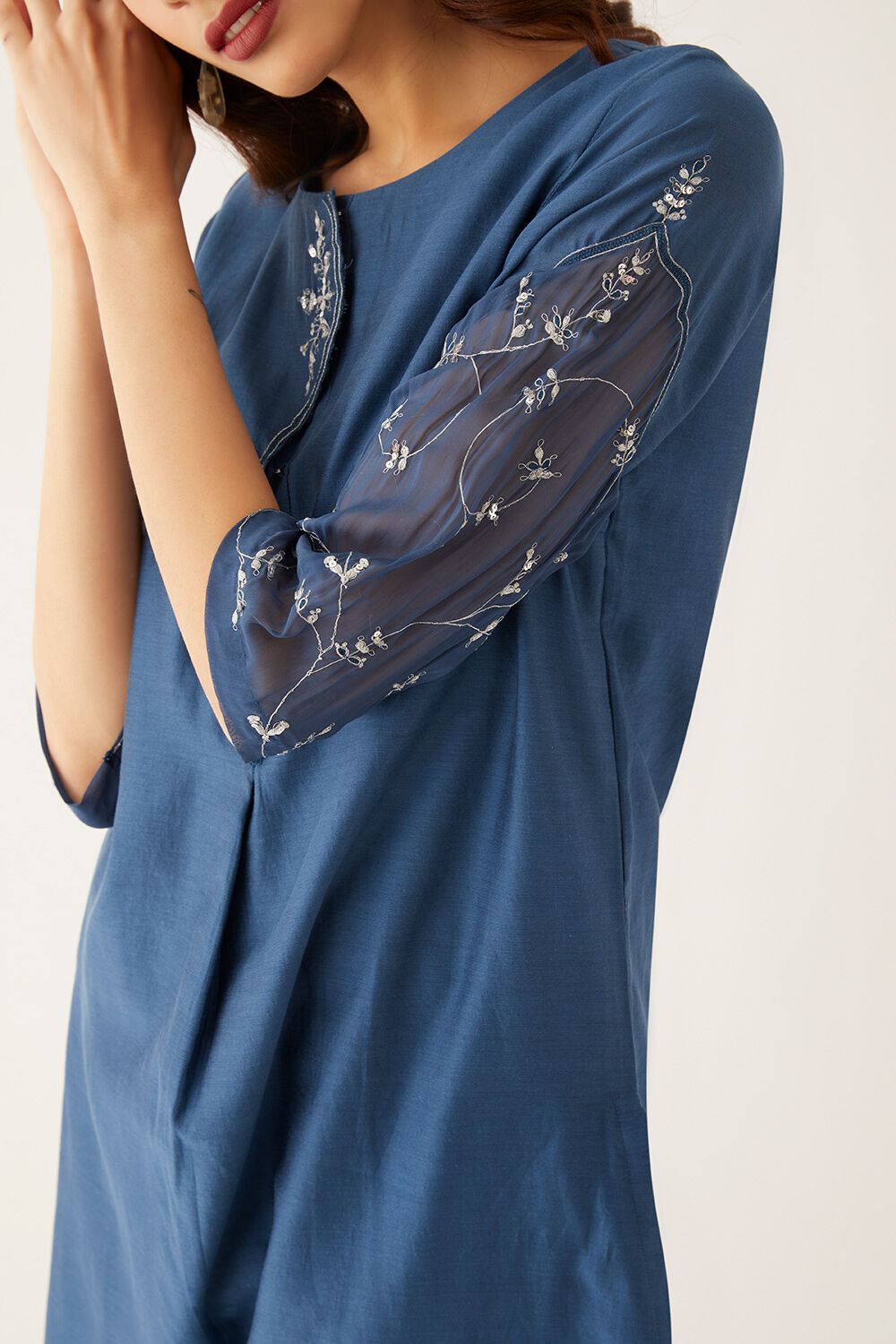 Blue Silk Cotton Embroidered Kurta Set image number null