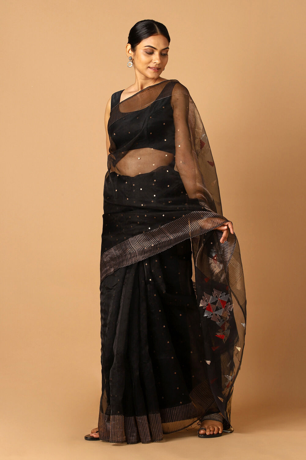 Black Pure Silk Bengal Saree image number null