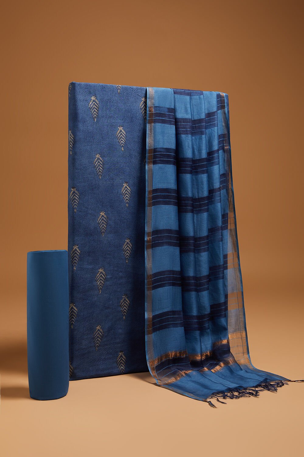Blue Block Printed Pure Tussar Silk Unstitched Suit Set image number null