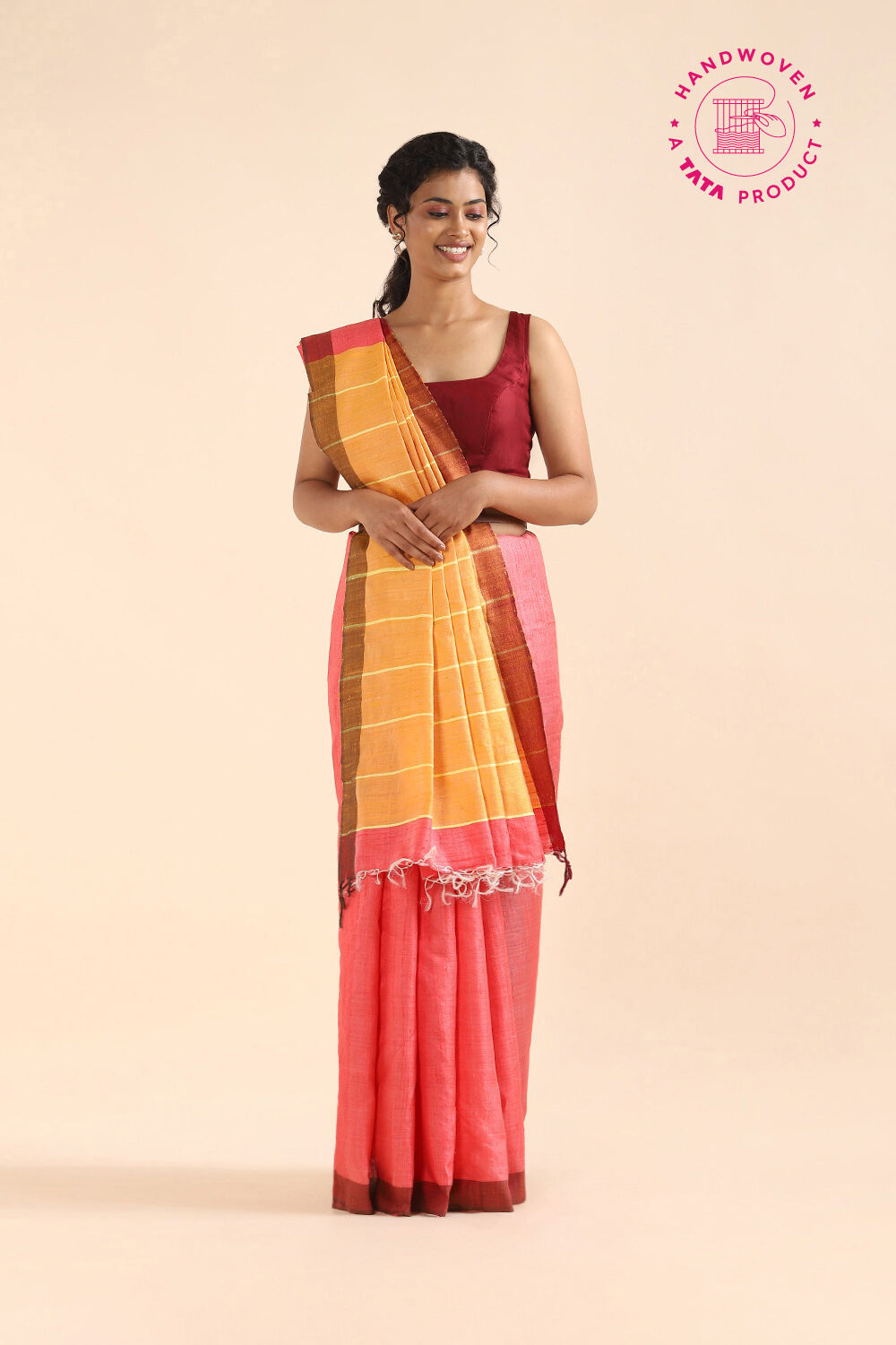 Dark Yellow Pure Tussar Silk Bhagalpuri Saree image number null