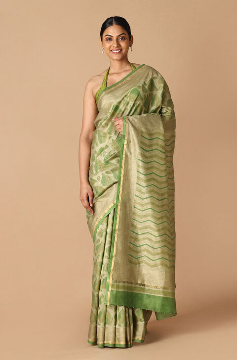 Beige and Green Pure Silk Cotton Hand Printed Saree
