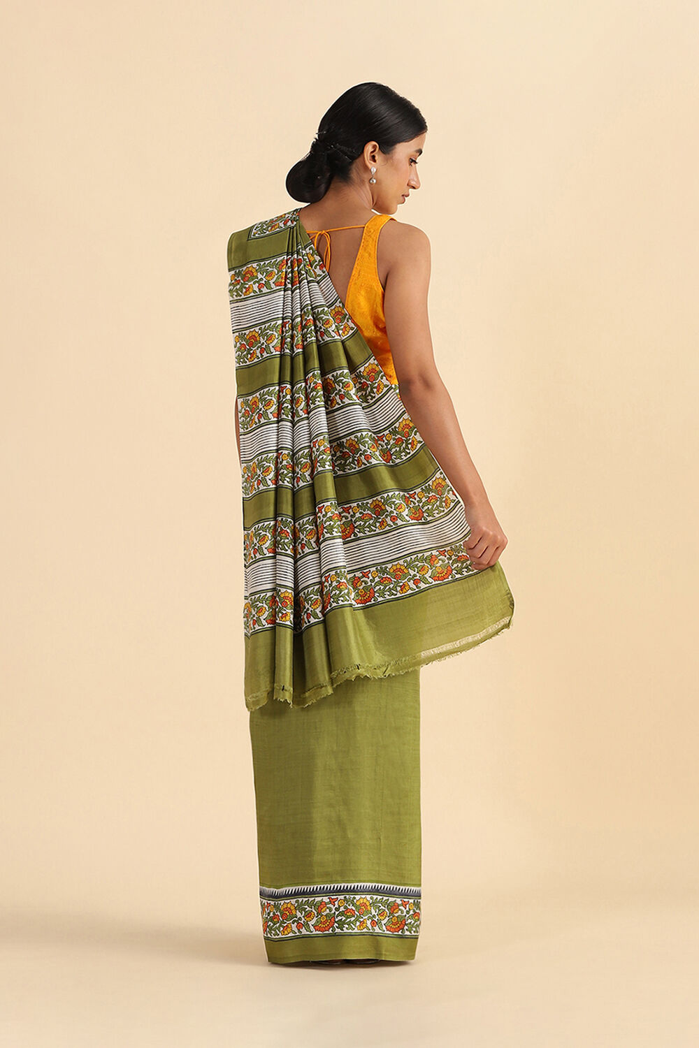 Light Green Hand Blockprinted Pure Silk Saree image number null