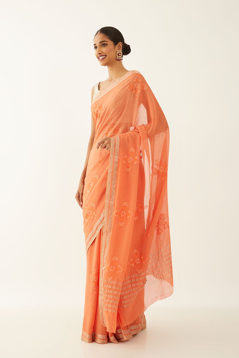 Light Orange Pure Chiffon Embroidered Saree image number null