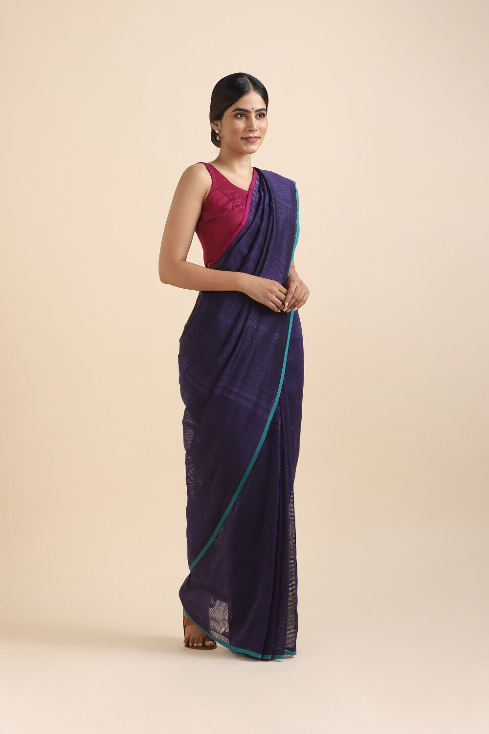 Violet Pure Cotton Linen Bengal Saree image number null