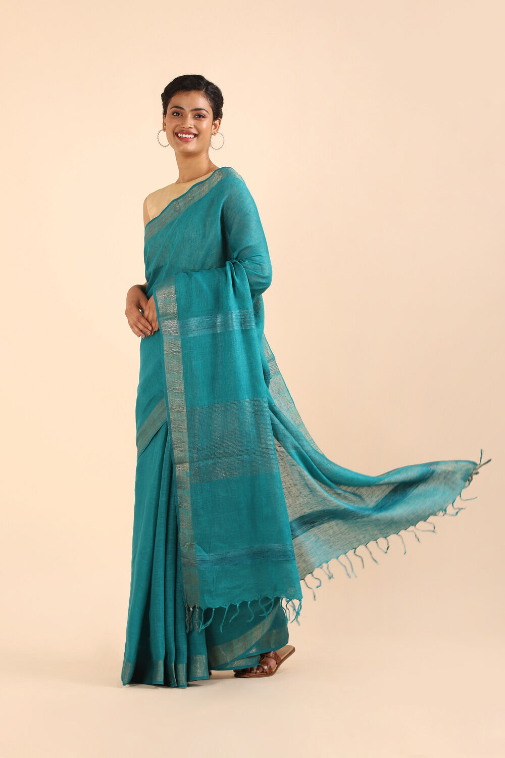 Green Pure Linen Bhagalpuri Saree image number null