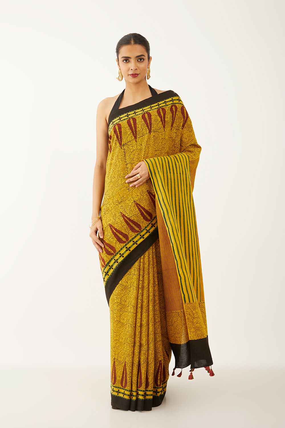 Yellow Pure Cotton Ajrakh Block Print Saree image number null