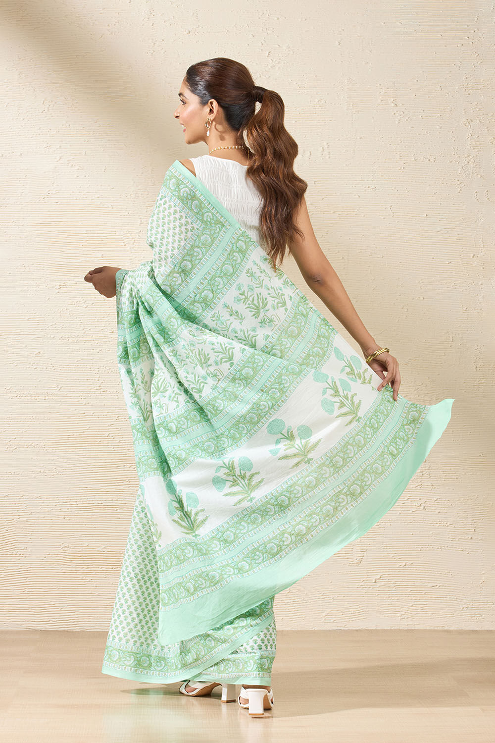 Light Green Block Printed Rajasthan Pure Cotton Saree image number null