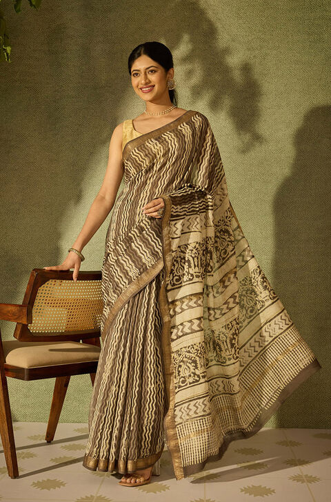 Grey Bagru Pure Silk Cotton Dabu Block Printed Saree