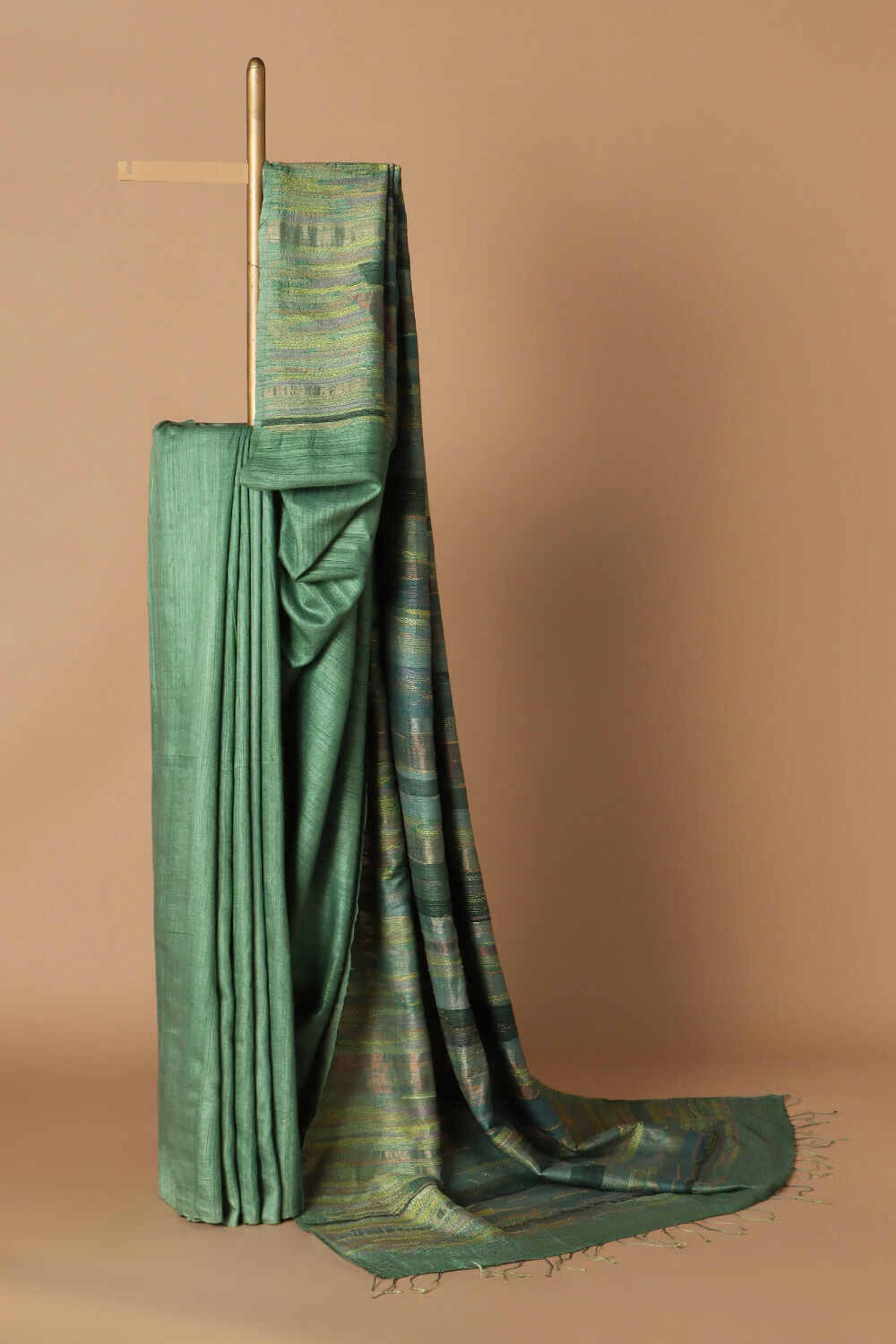 Green Pure Silk Tussar Jamdani Saree with Kantha Embroidery image number null