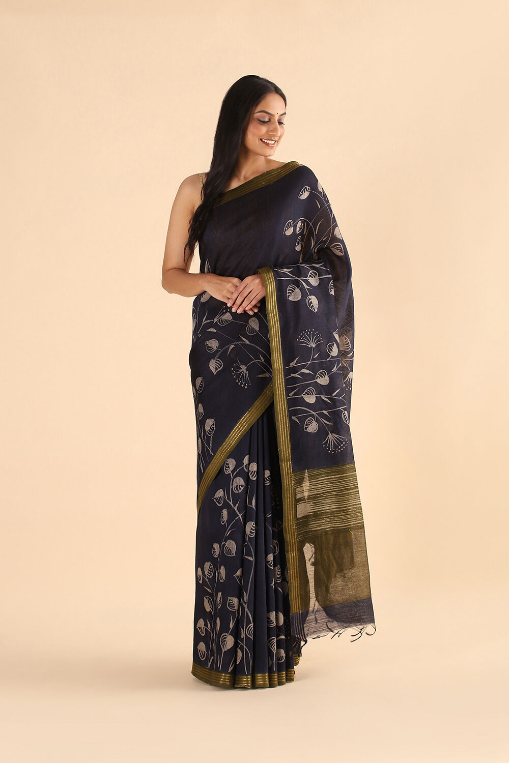 Dark Blue Pure Tussar Vanya Printed Saree image number null