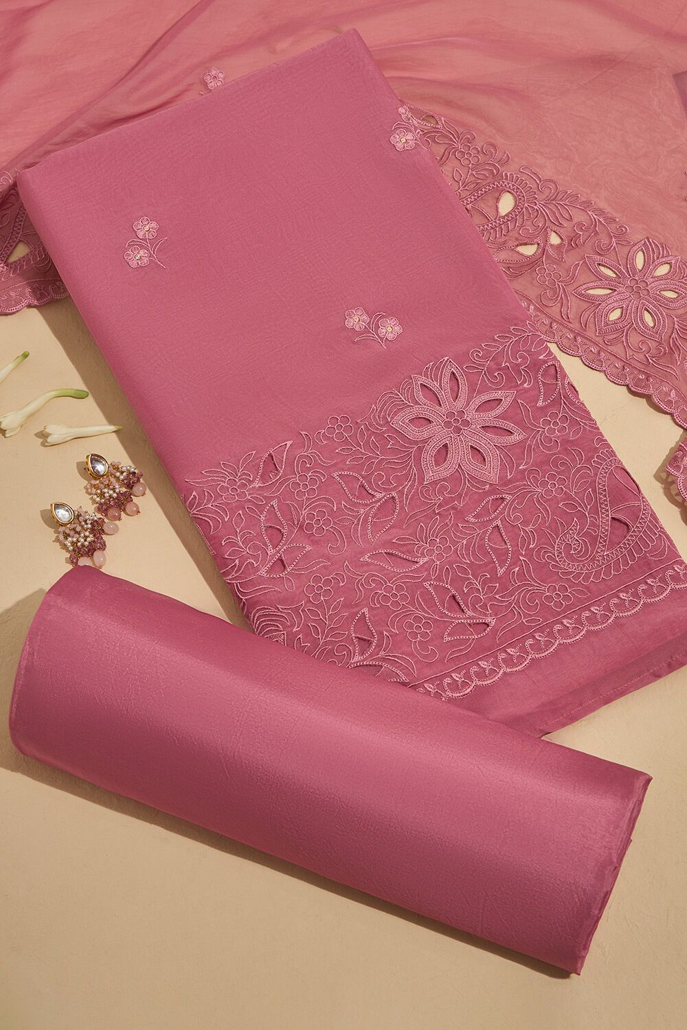 Dark Pink Viscose Embroidered Unstitched Suit Set image number null