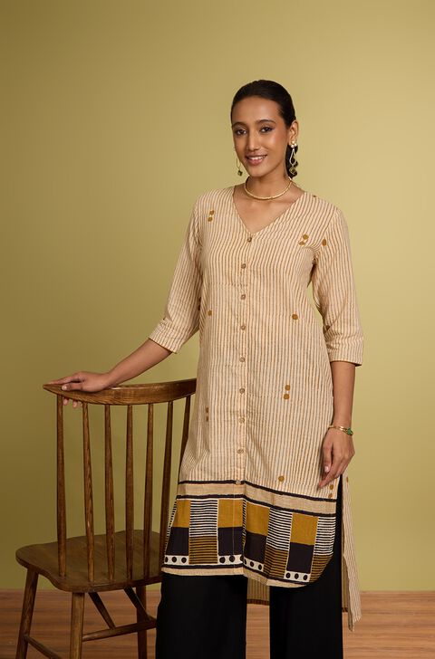 Beige Bagru Block Printed Pure Cotton Kurta