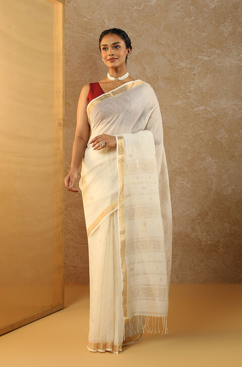 White Woven Pure Silk Cotton Bengal Saree