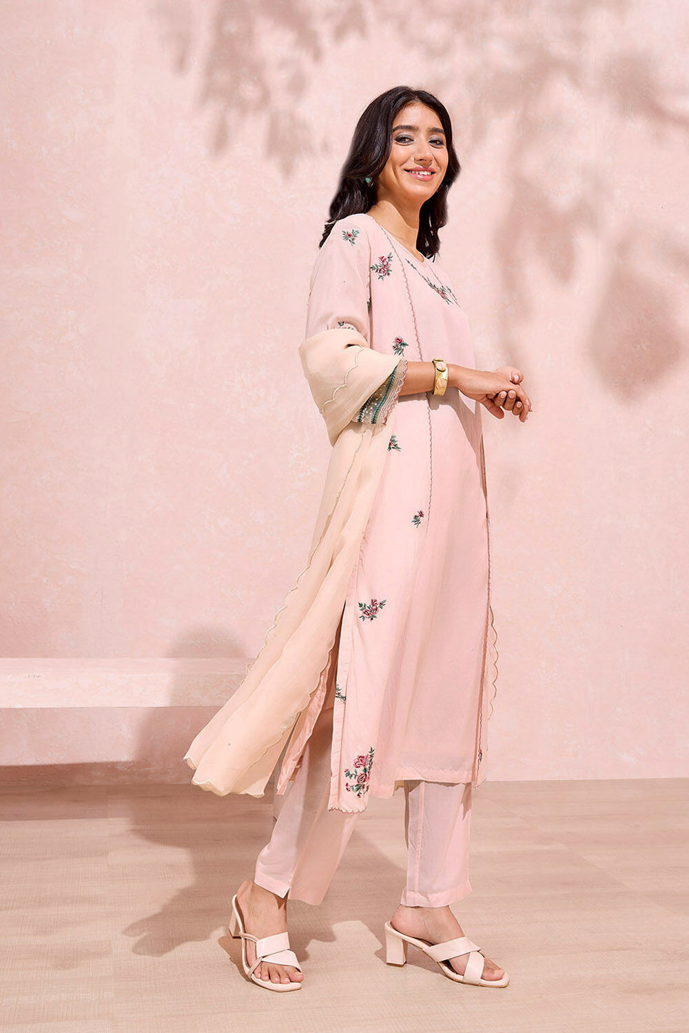 Light Pink Viscose Embroidered Kurta Set image number null