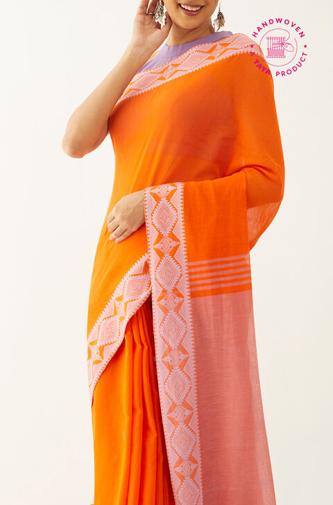Orange Pure Cotton Woven Design Bengali Saree
