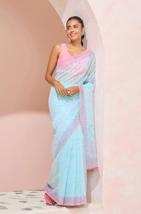 Light Blue Bengal Block Printed Pure Cotton Kota Saree