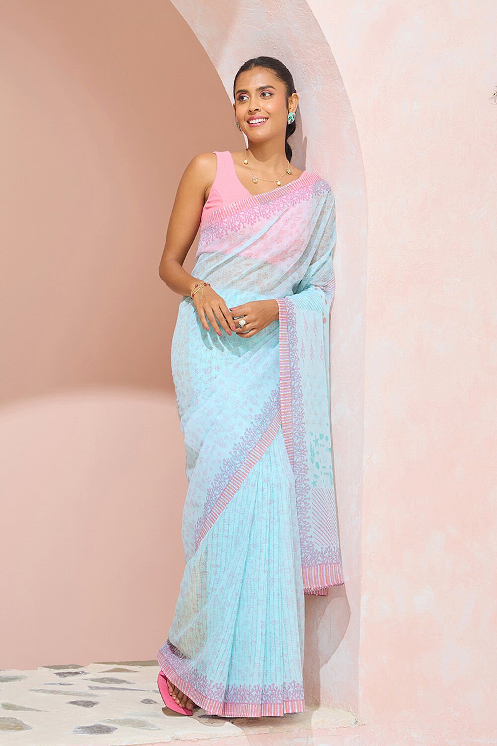 Light Blue Bengal Block Printed Pure Cotton Kota Saree image number null