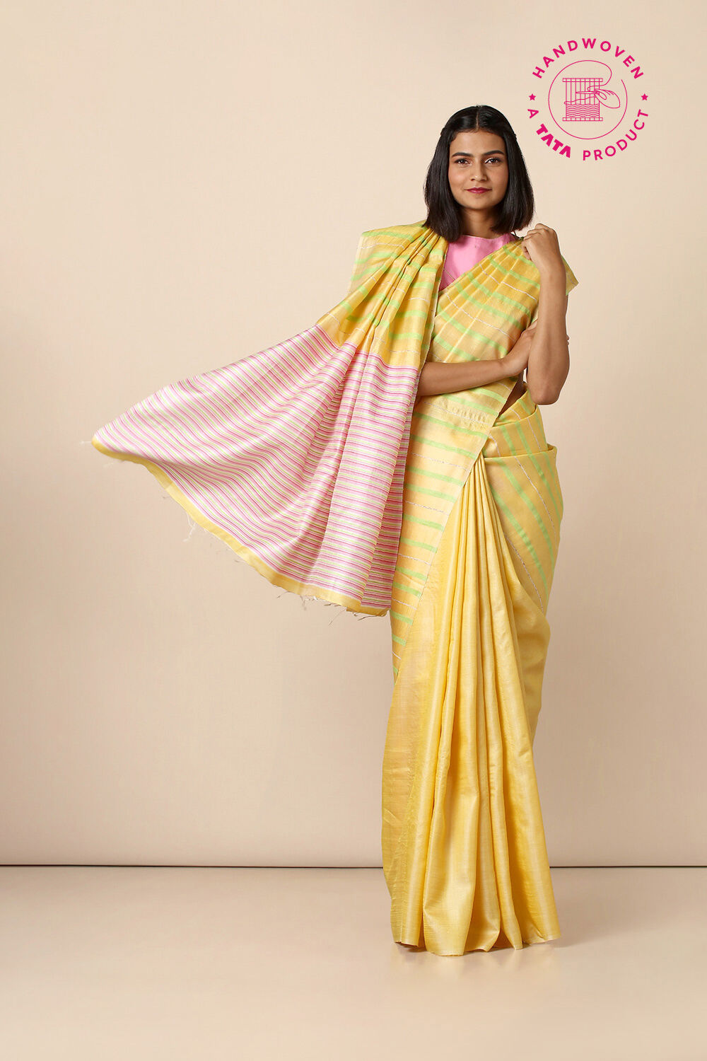 Yellow Pure Tussar Silk Woven Saree image number null