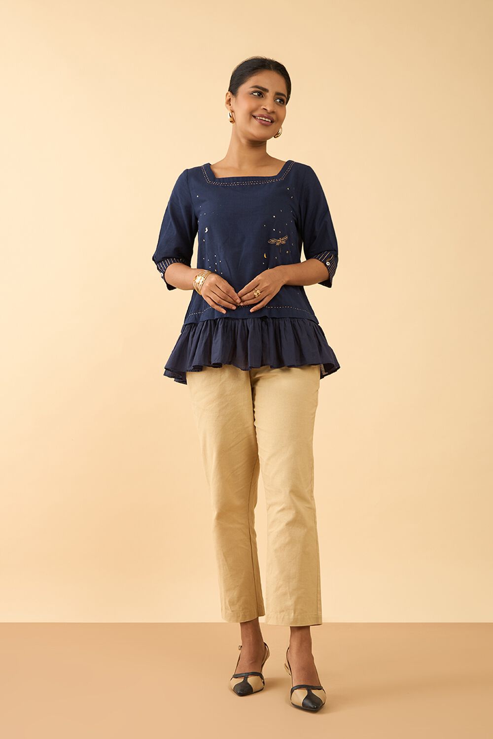 Blue Screen Printed Pure Cotton Short Top image number null