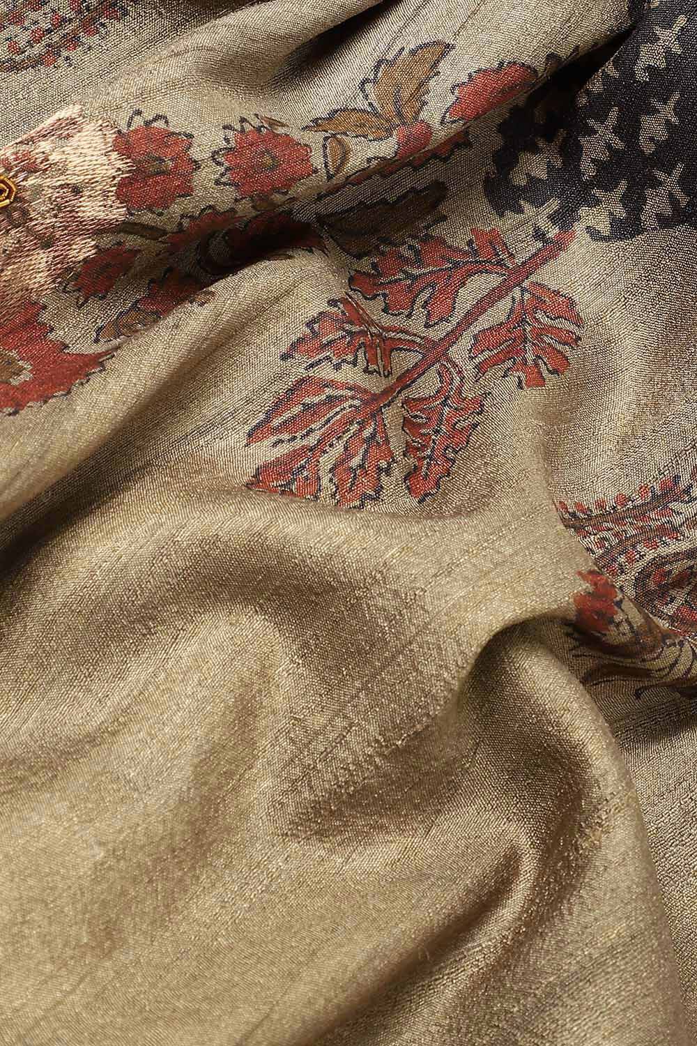Grey Pure Silk Tussar Bagru Print and Zardosi Embroidered Saree image number null