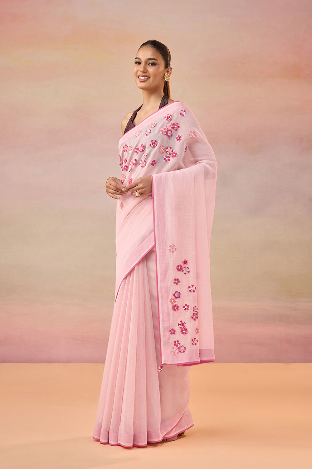 Light Pink Pure Silk Cotton Applique Embroidered Saree image number null