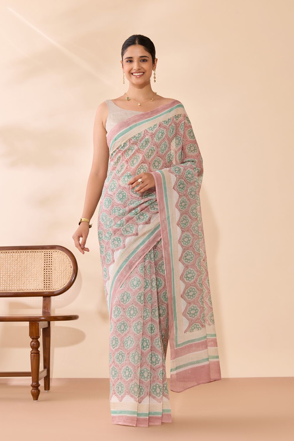 Light Pink Rajasthan Pure Silk Cotton Printed Mukaish Saree image number null