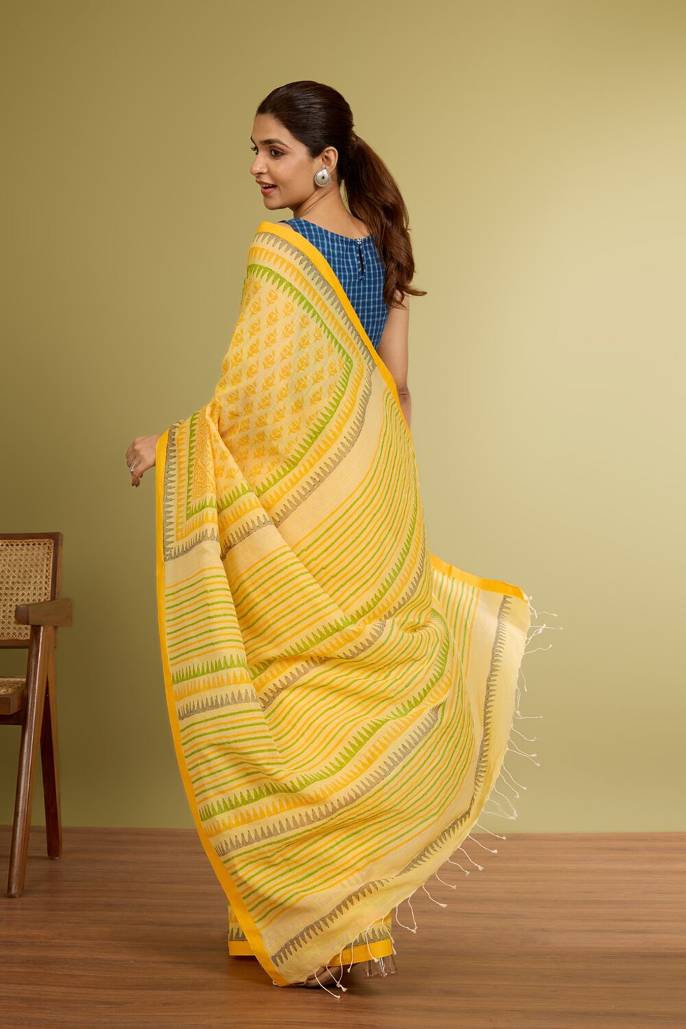Yellow Printed Bengal Pure Cotton Saree image number null