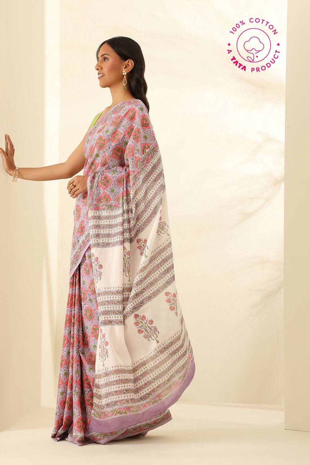 Light Violet Pure Cotton Bagru Block Printed Saree image number null