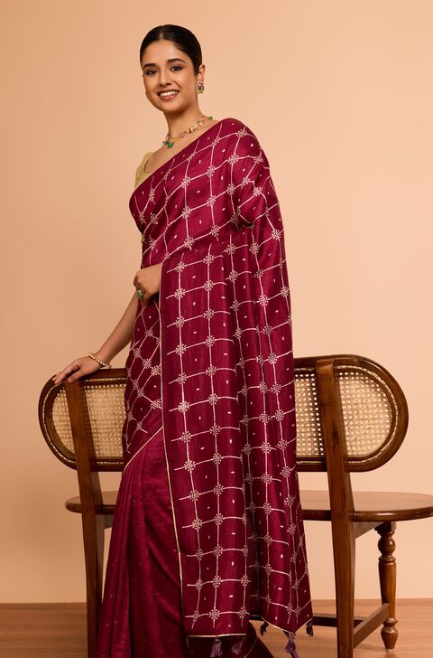 Dark Pink Murshidabad Pure Silk Mukaish Saree