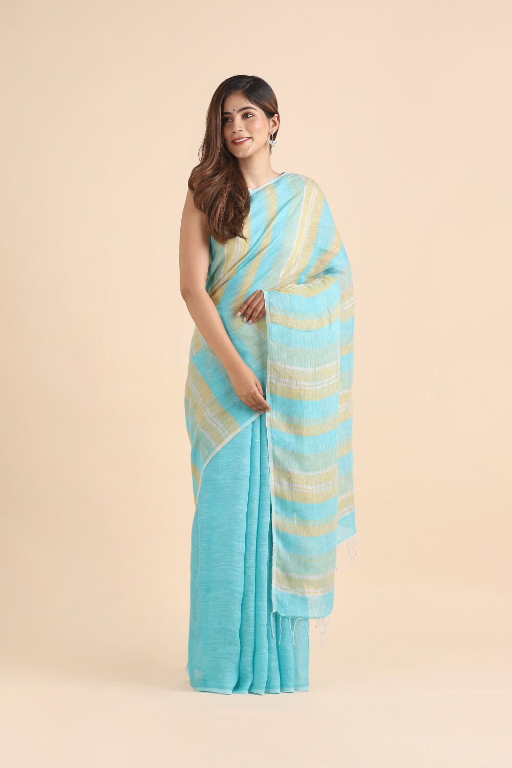 Light Blue Pure Linen Bengal Saree image number null