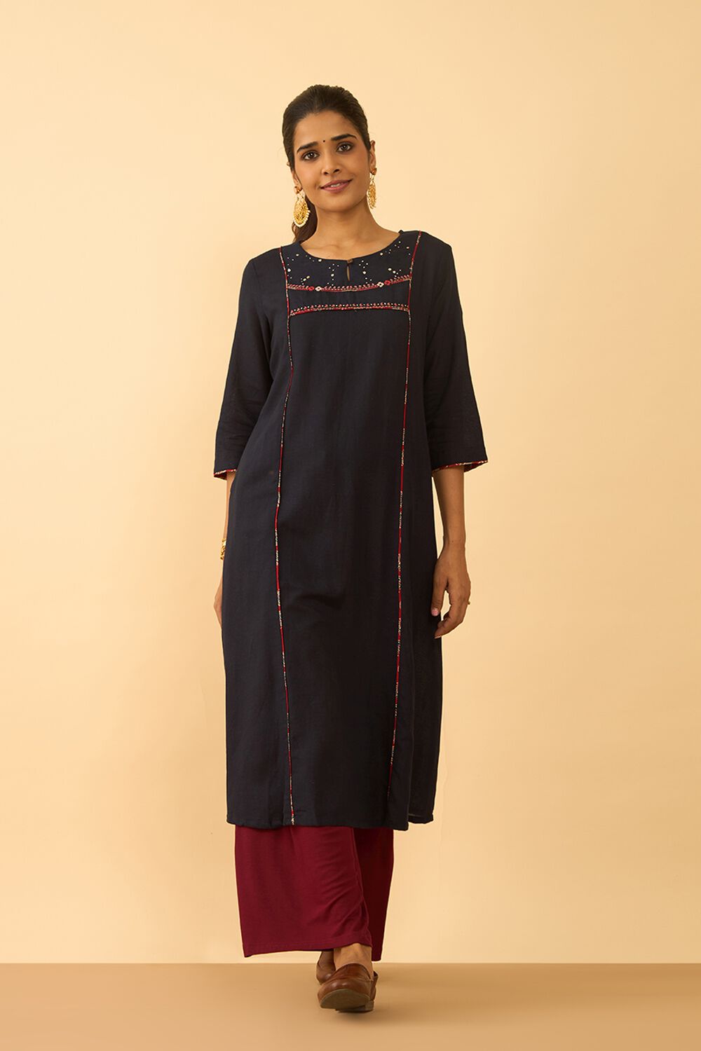 Dark Blue Rayon Cotton Embroidered Kurta image number null