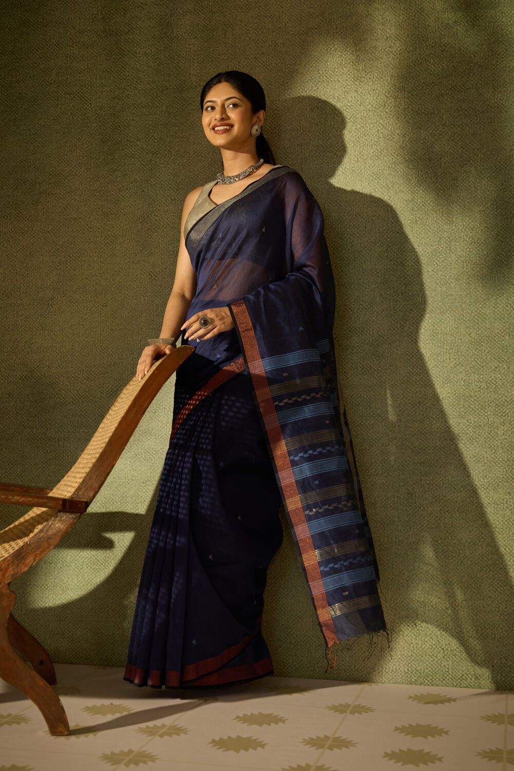 Dark Blue Bengal Pure Silk Cotton Jamdani Saree image number null