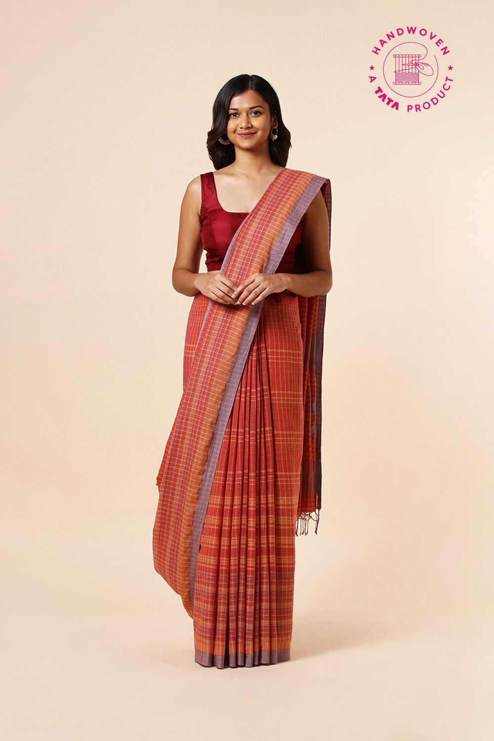 Red Cotton Pure Khadi Jamdani Saree image number null