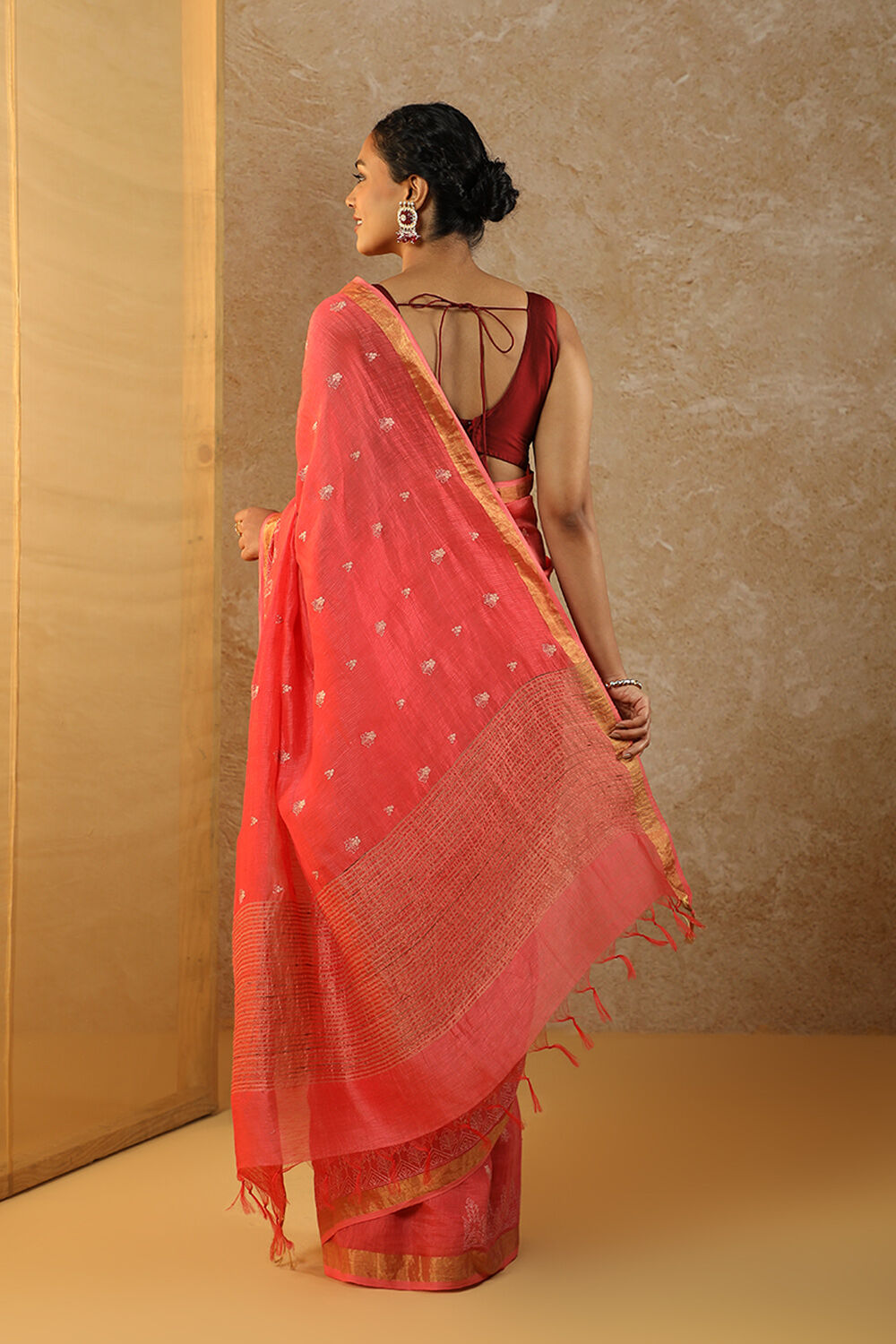 Red Bhagalpur Pure Silk Linen Embroidery Saree image number null