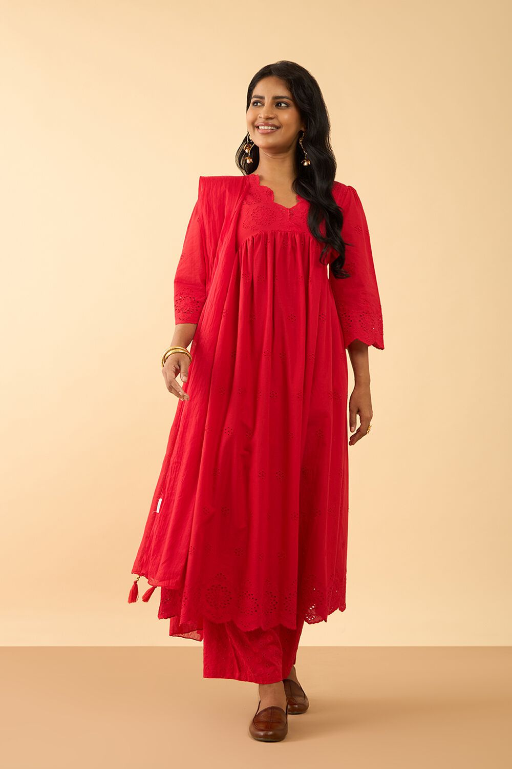 Red Embroidered Pure Cotton Kurta Set image number null