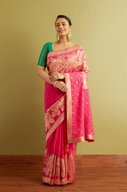 Pink Woven Viscose Luxe Saree