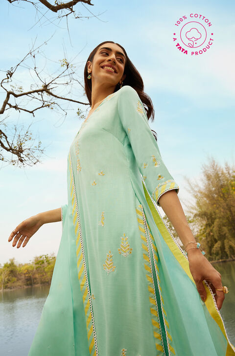 Light Blue Cotton Embroidered Kurta Set