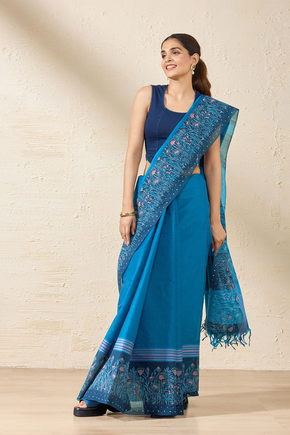 Blue Rajasthan Block Printed Pure Cotton Saree image number null
