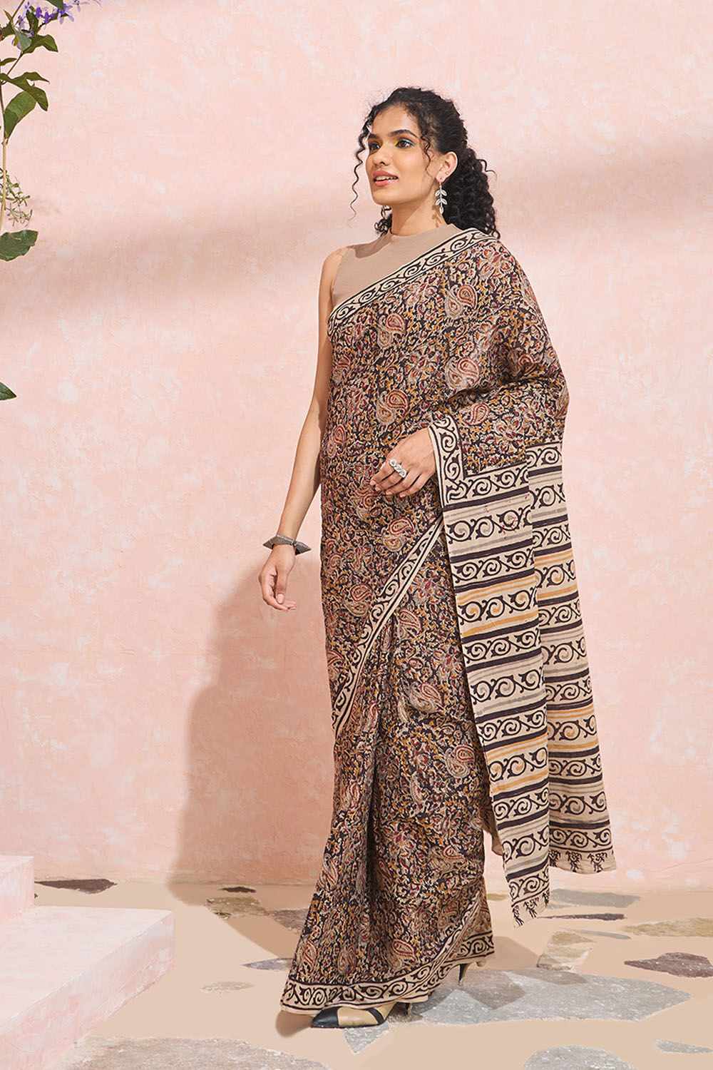 Black Printed Kalamkari Pure Cotton Machilipatnam Saree image number null
