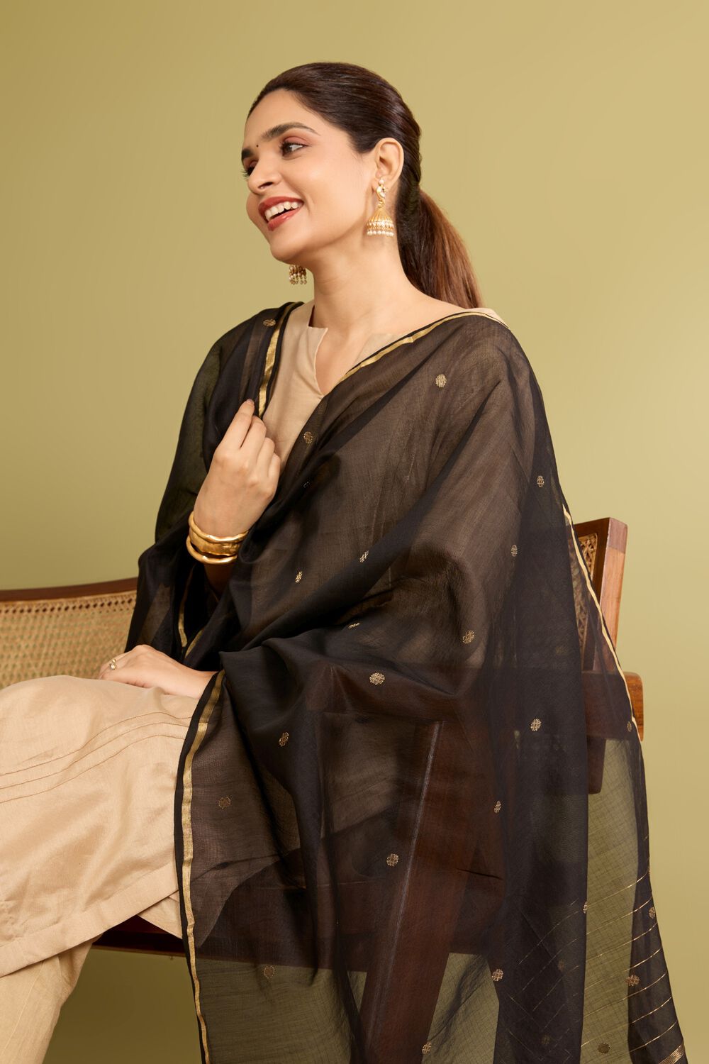 Black Woven Pure Silk Cotton Chanderi Dupatta image number null