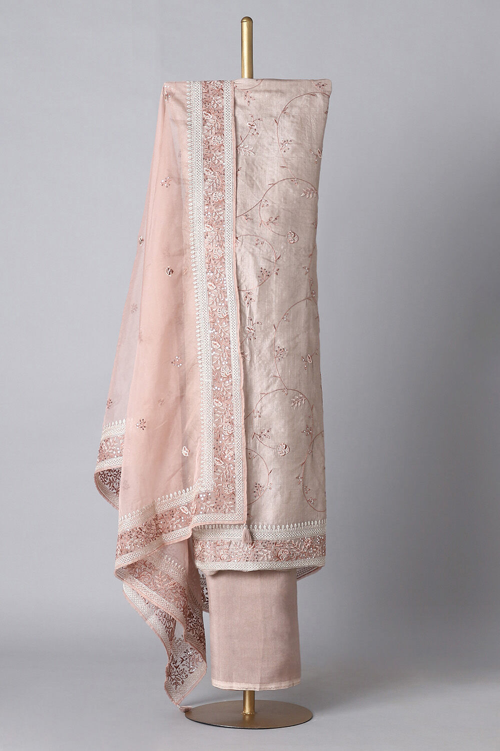 Beige Tussar Embroidered Unstitched Suit Set image number null